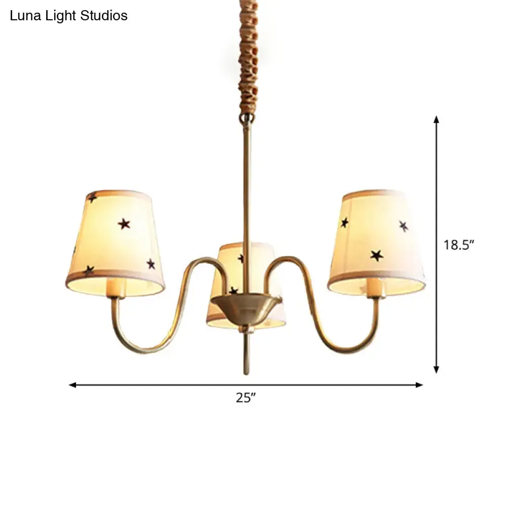 Rustic Star Patterned Chandelier in Gold - Conical Fabric Design, 3/5/6 Lights - Ideal for Bedroom Ceiling