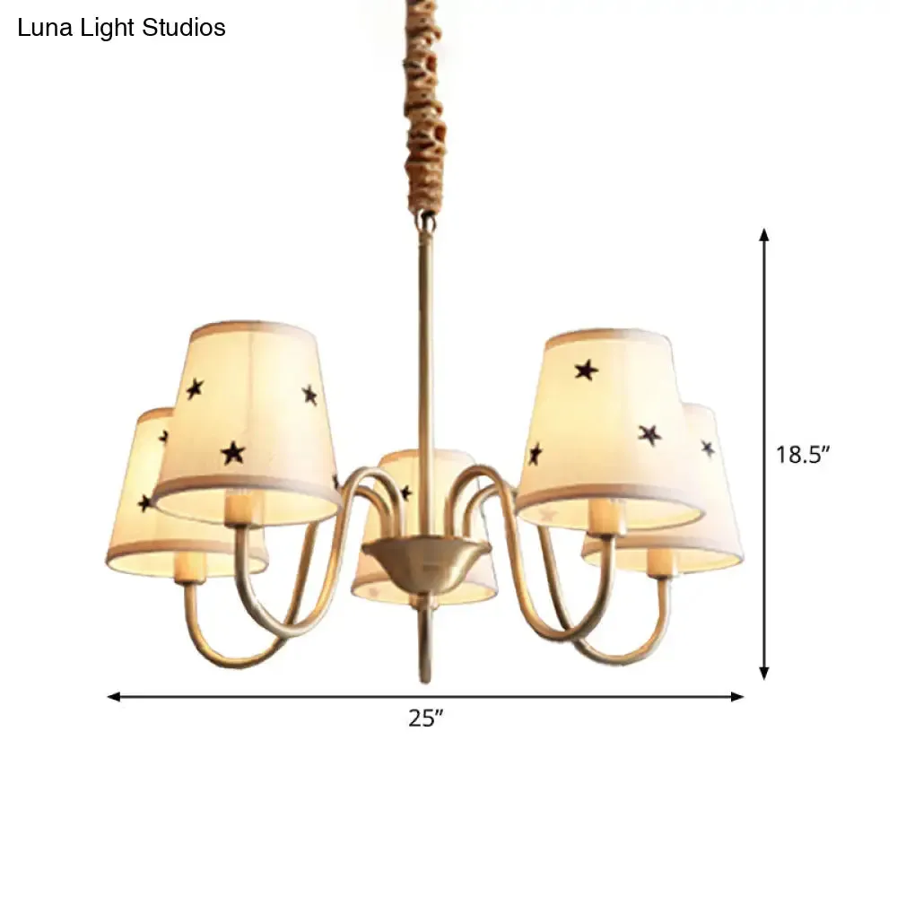 Rustic Star Patterned Chandelier in Gold - Conical Fabric Design, 3/5/6 Lights - Ideal for Bedroom Ceiling