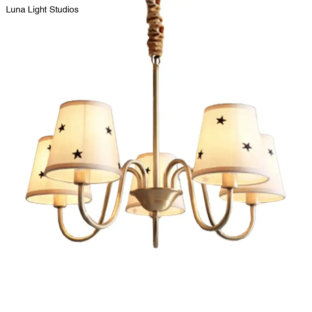 Rustic Star Patterned Chandelier in Gold - Conical Fabric Design, 3/5/6 Lights - Ideal for Bedroom Ceiling