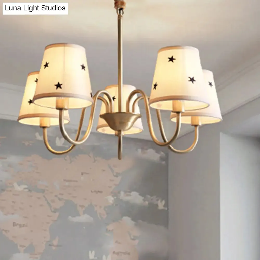 Rustic Star Patterned Chandelier in Gold - Conical Fabric Design, 3/5/6 Lights - Ideal for Bedroom Ceiling