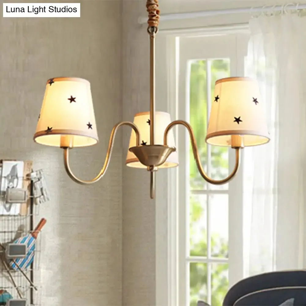 Rustic Star Patterned Chandelier in Gold - Conical Fabric Design, 3/5/6 Lights - Ideal for Bedroom Ceiling
