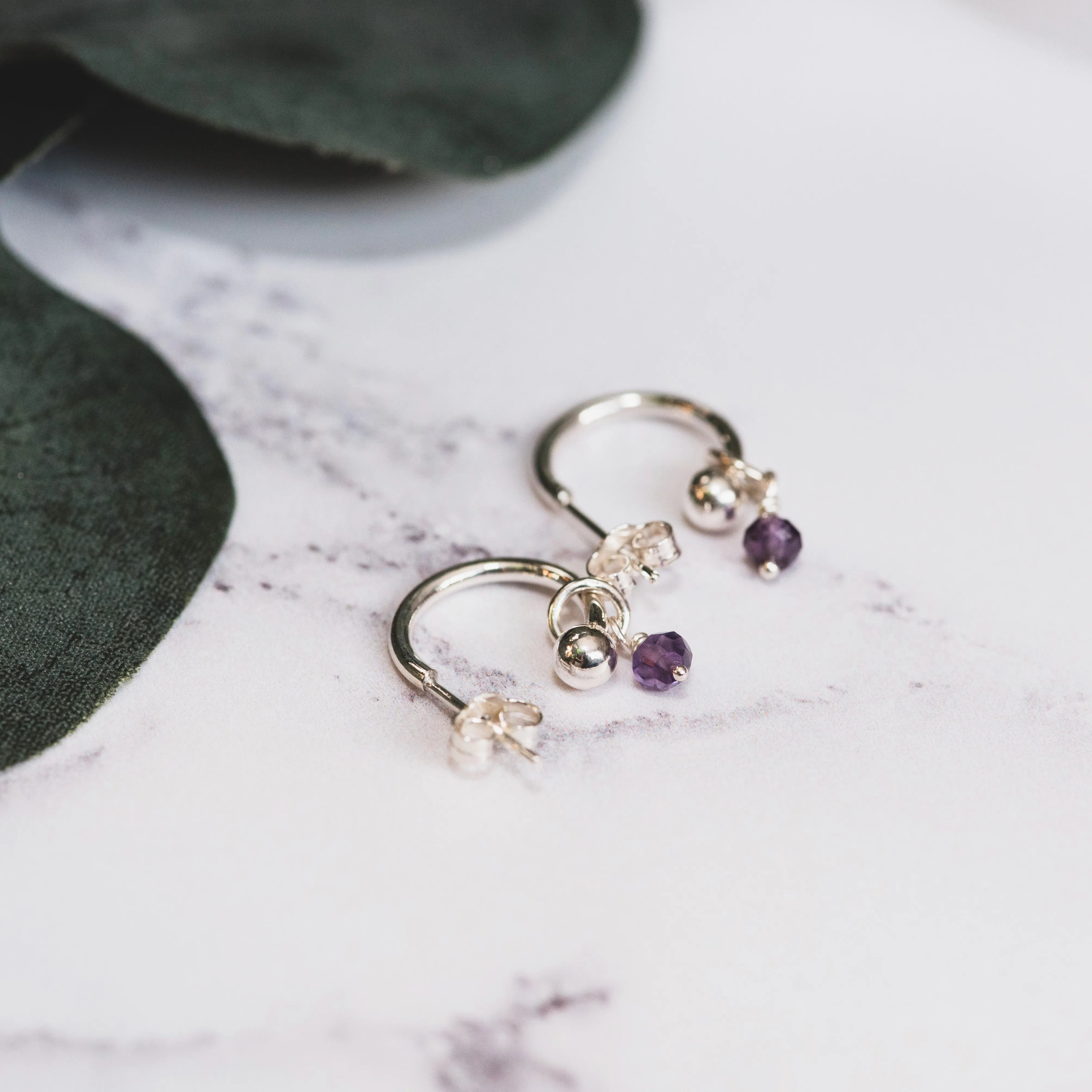 Silver Hoop Earrings with Birthstone