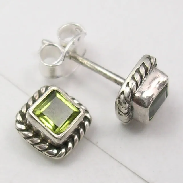 Solid Silver Peridot Square Stud Earrings