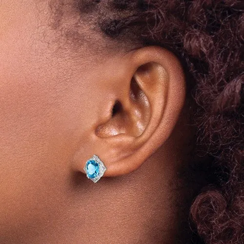 Sterling Silver Swiss Blue Topaz And White CZ Post Dangle Earrings