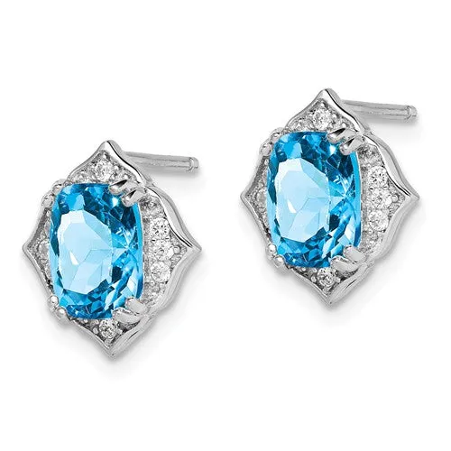 Sterling Silver Swiss Blue Topaz And White CZ Post Dangle Earrings