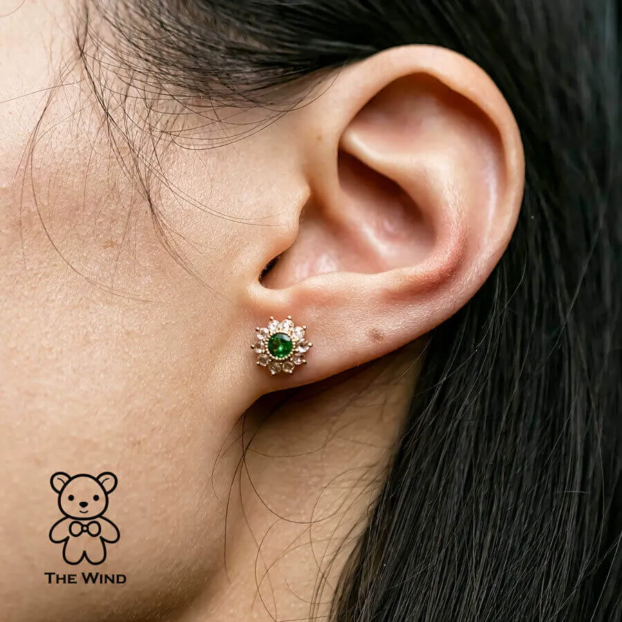 Stunning Tsavorite & Rose Cut Diamond Halo Stud Earrings 18K Yellow Gold