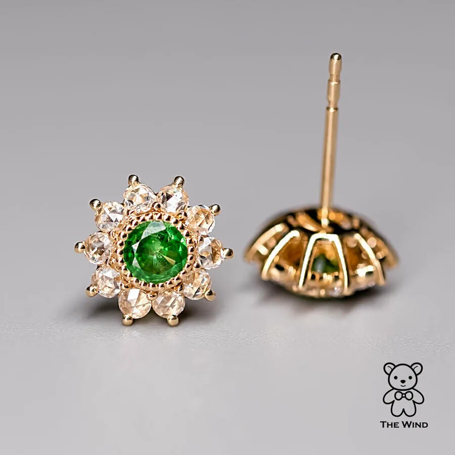 Stunning Tsavorite & Rose Cut Diamond Halo Stud Earrings 18K Yellow Gold