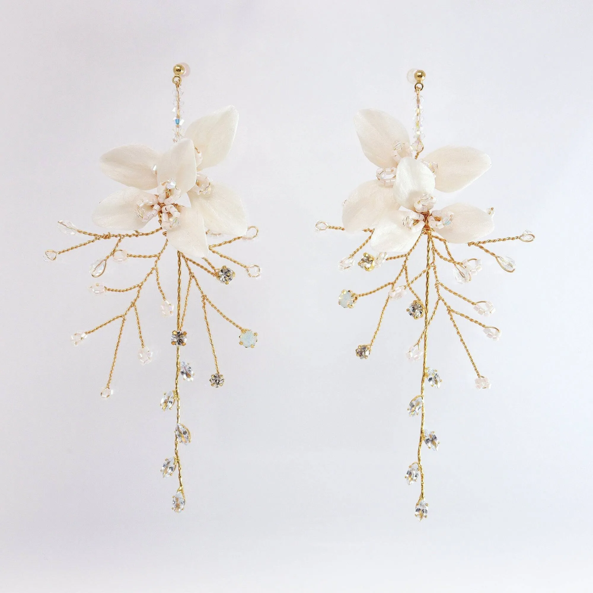 Swarovski Crystal White Flower Opal Long Vine Leaves Earrings, Long Bridal Jewelry, 925 Sterling Silver, Statement Earrings Cz
