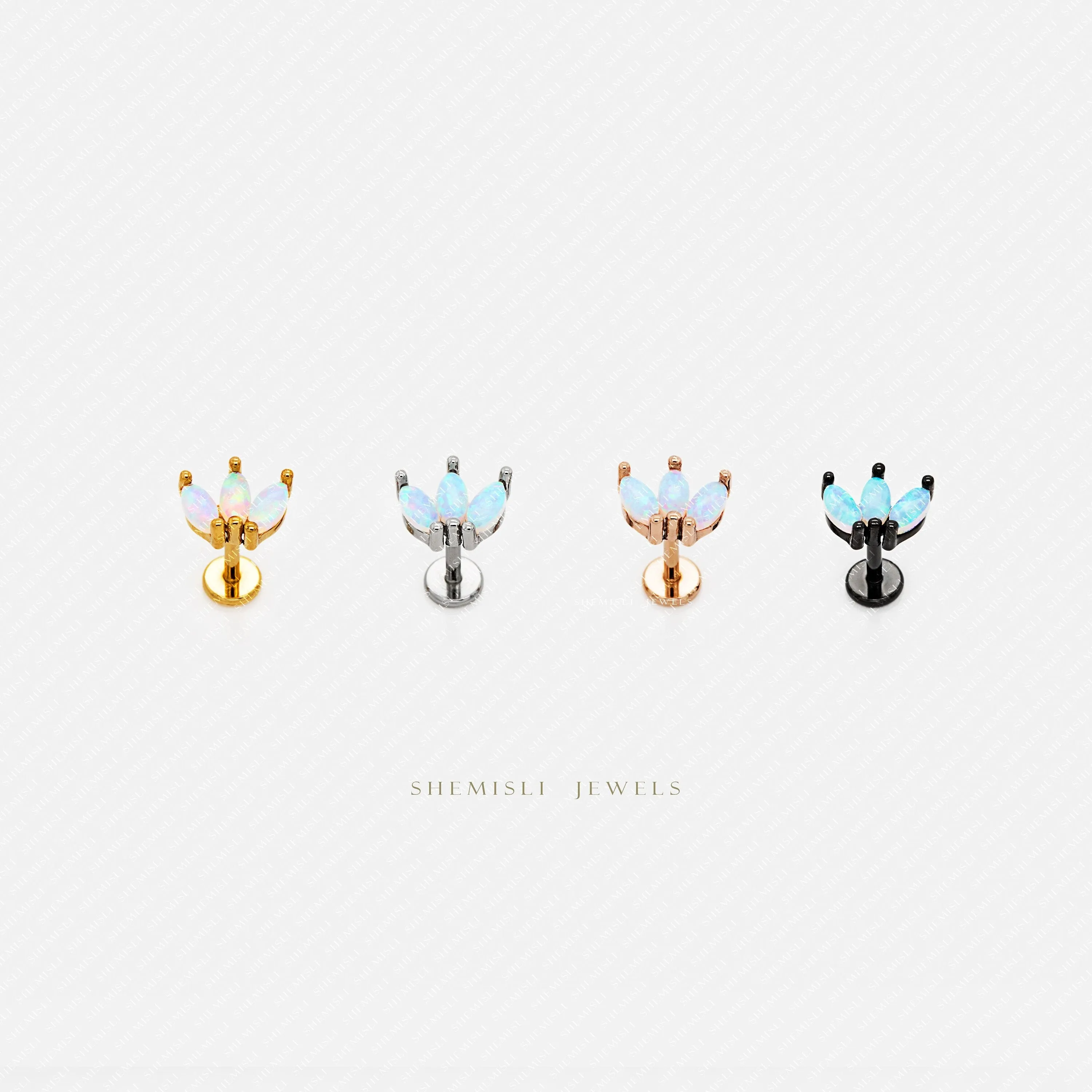 Tiny 3 Leaf Opal Threadless Flat Back Lip Labret Stud, 18,16ga, 6-10mm, Unisex, Surgical Steel, SHEMISLI SS584