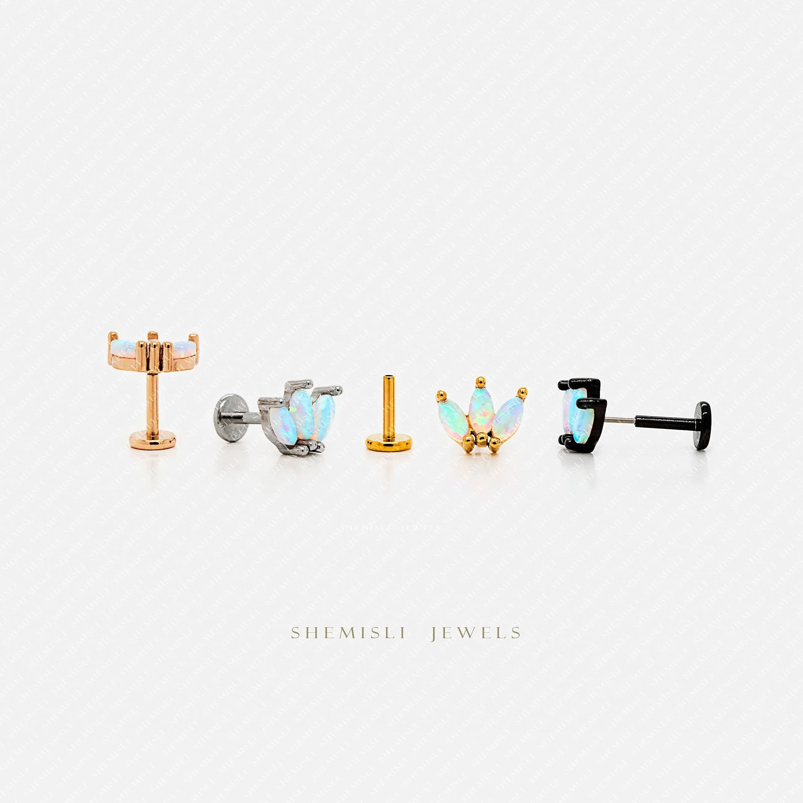 Tiny 3 Leaf Opal Threadless Flat Back Lip Labret Stud, 18,16ga, 6-10mm, Unisex, Surgical Steel, SHEMISLI SS584