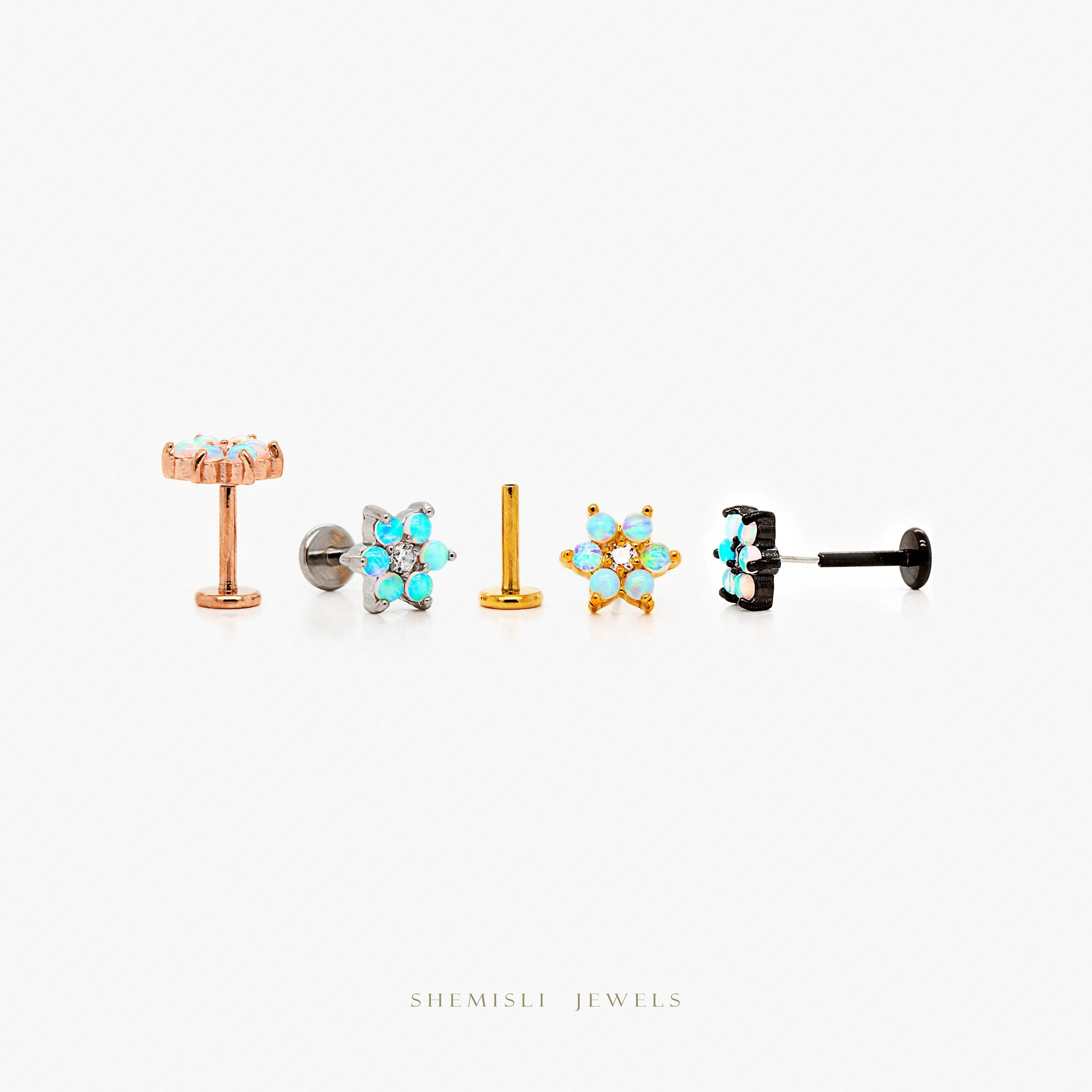 Tiny 6 Petal Opal Stone Threadless Flat Back Earrings, Nose Stud, 20,18,16ga, 5-10mm, Surgical Steel, SHEMISLI SS559