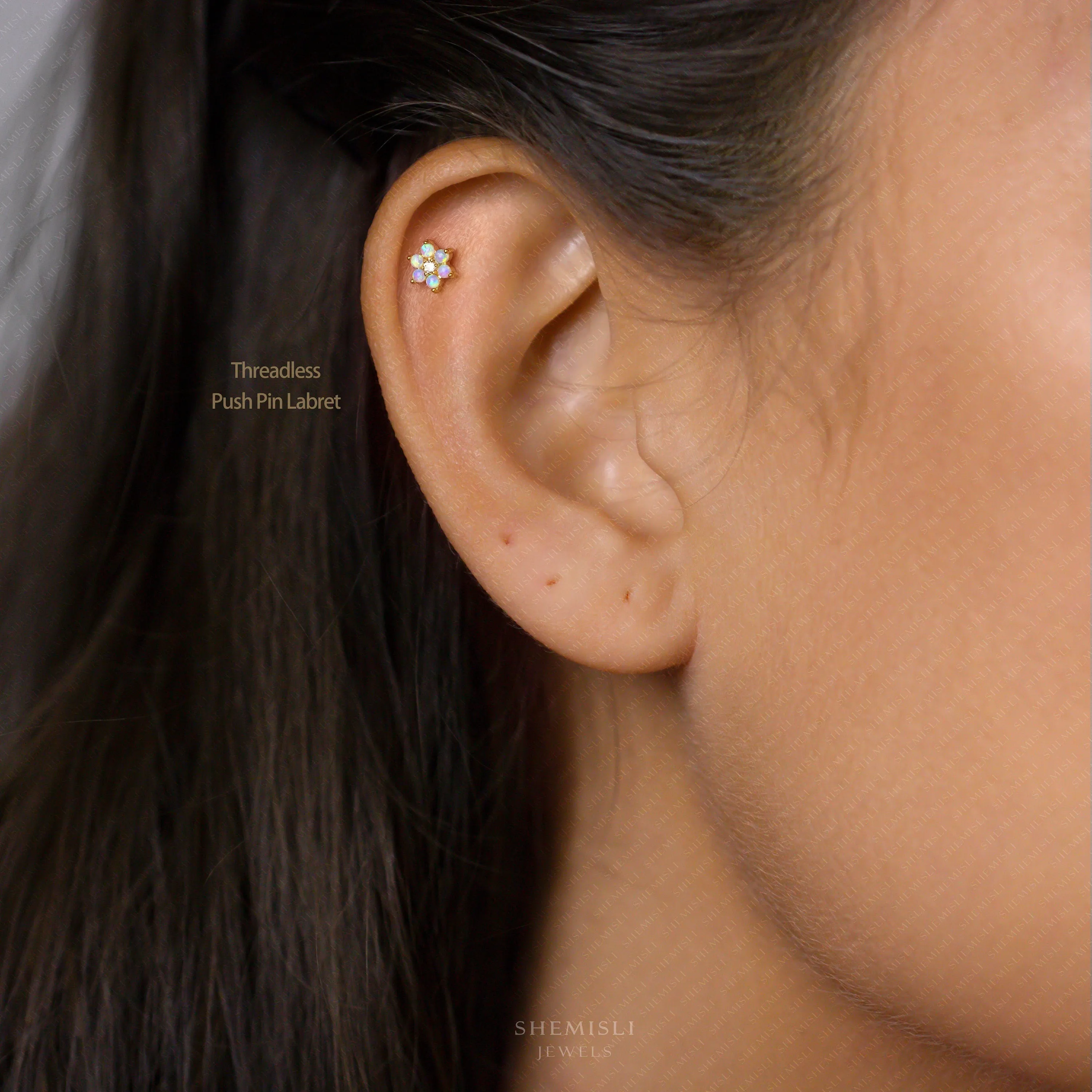Tiny 6 Petal Opal Stone Threadless Flat Back Earrings, Nose Stud, 20,18,16ga, 5-10mm, Surgical Steel, SHEMISLI SS559