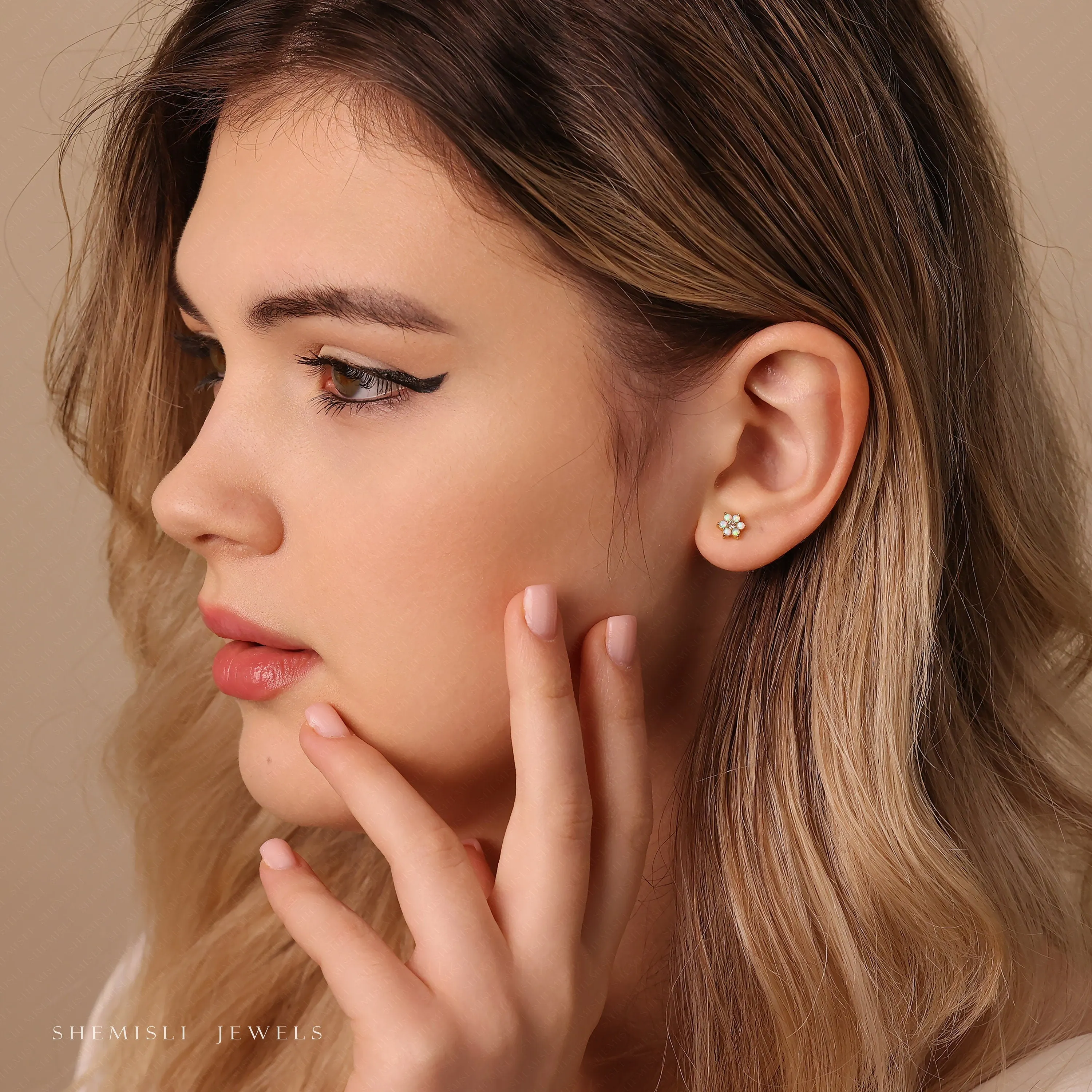 Tiny 6 Petal Opal Stone Threadless Flat Back Earrings, Nose Stud, 20,18,16ga, 5-10mm, Surgical Steel, SHEMISLI SS559