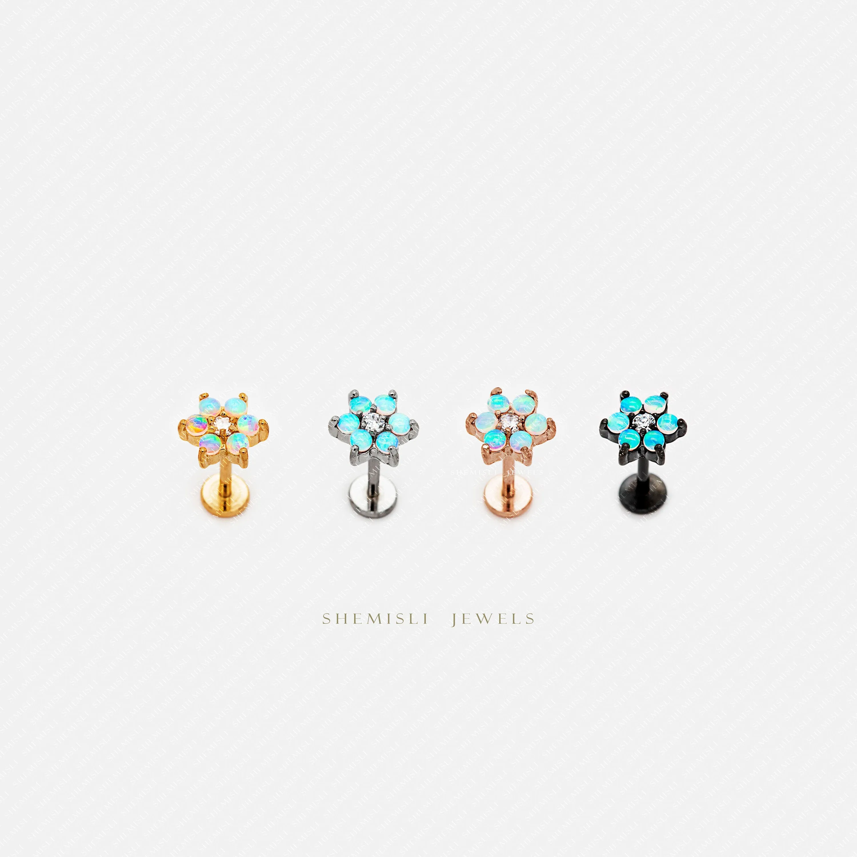 Tiny 6 Petal Opal Stone Threadless Flat Back Earrings, Nose Stud, 20,18,16ga, 5-10mm, Surgical Steel, SHEMISLI SS559
