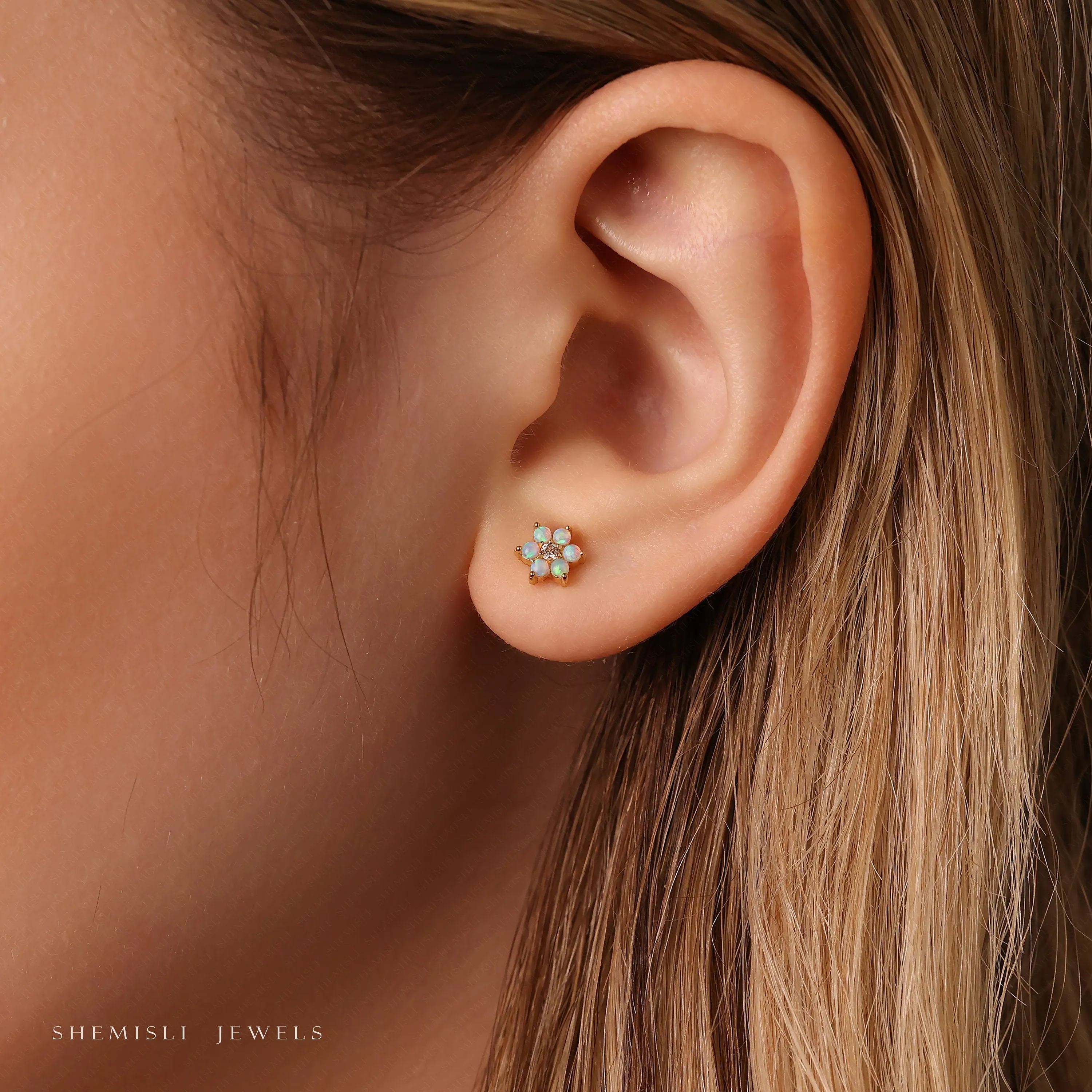 Tiny 6 Petal Opal Stone Threadless Flat Back Earrings, Nose Stud, 20,18,16ga, 5-10mm, Surgical Steel, SHEMISLI SS559
