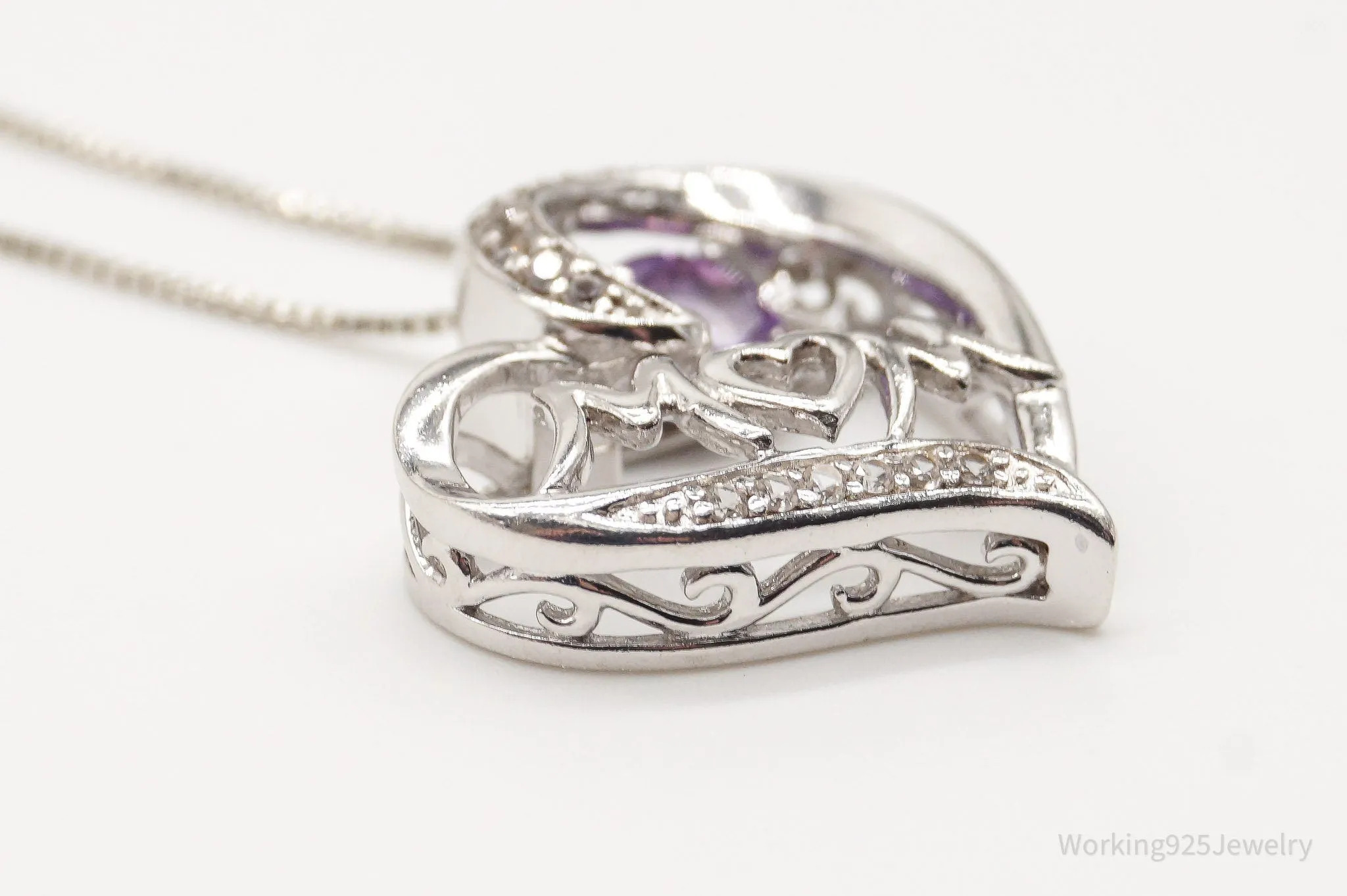 Vintage Designer SAI Amethyst Diamond Heart "Mom" Sterling Silver Necklace