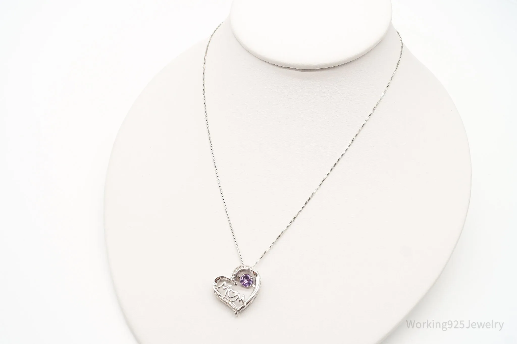 Vintage Designer SAI Amethyst Diamond Heart "Mom" Sterling Silver Necklace