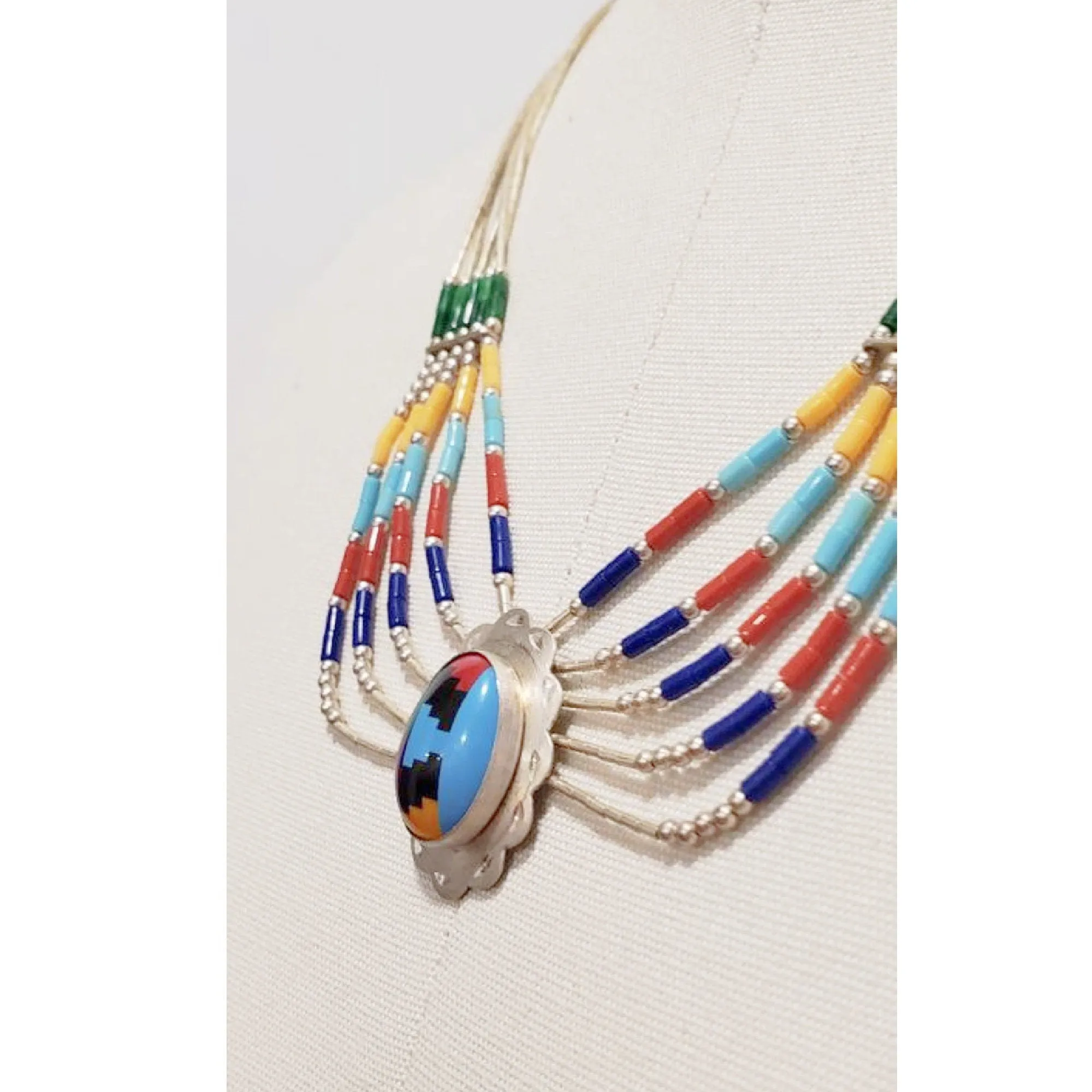 Vintage Native American Zuni Style Liquid Sterling Silver 5 Strand Necklace w Multi Stone Pendant
