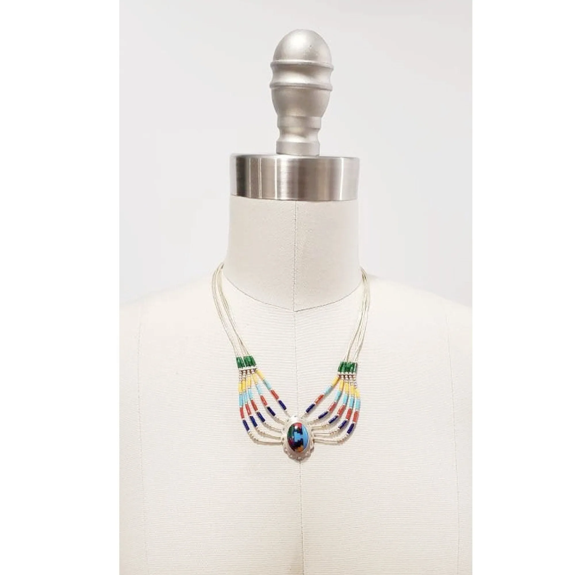 Vintage Native American Zuni Style Liquid Sterling Silver 5 Strand Necklace w Multi Stone Pendant