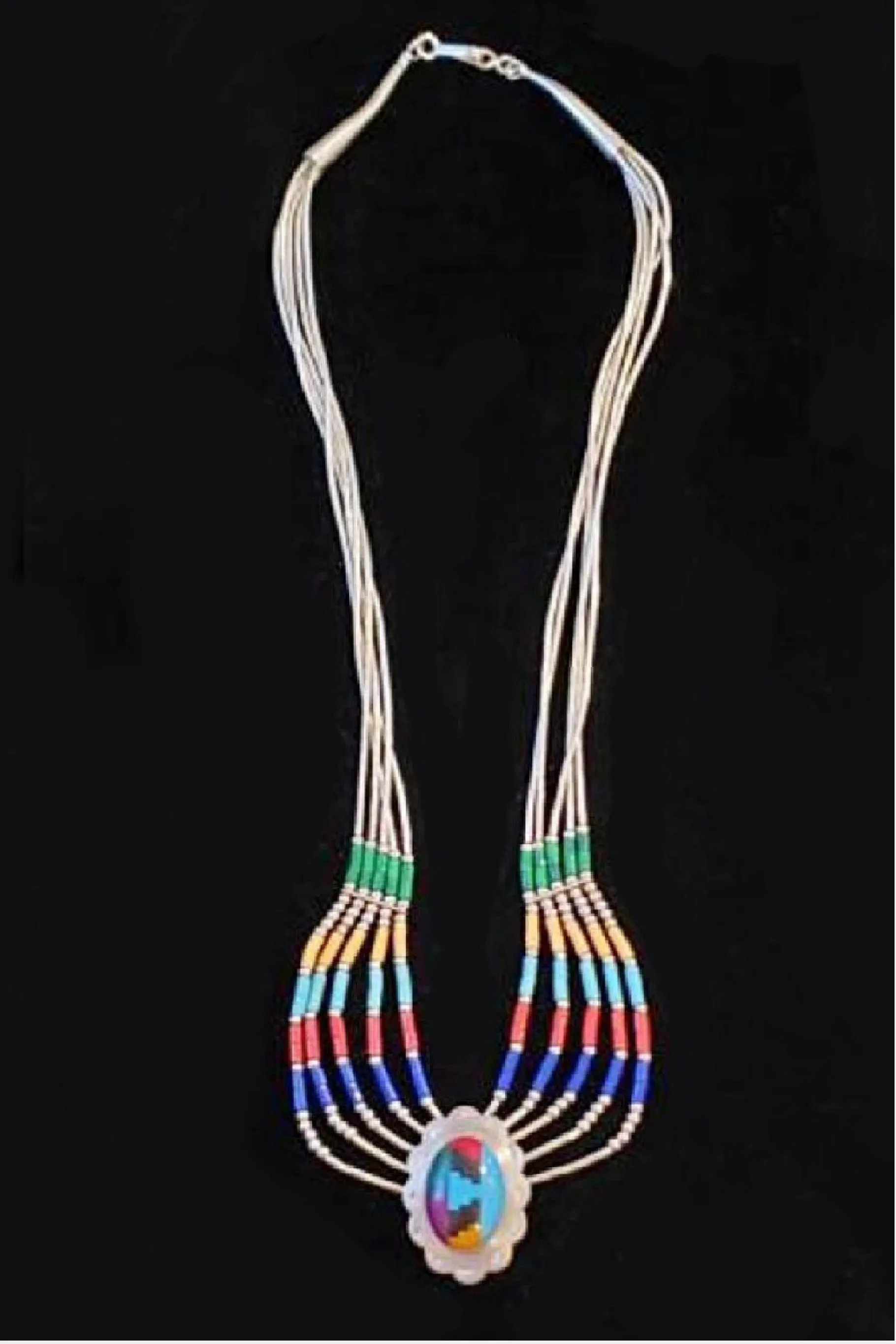 Vintage Native American Zuni Style Liquid Sterling Silver 5 Strand Necklace w Multi Stone Pendant