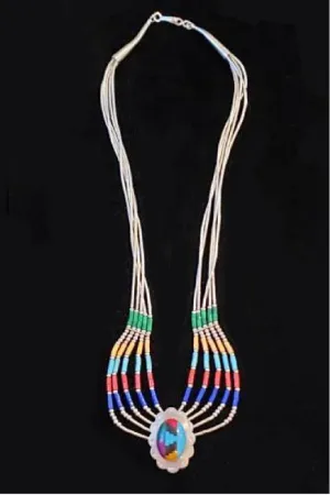 Vintage Native American Zuni Style Liquid Sterling Silver 5 Strand Necklace w Multi Stone Pendant