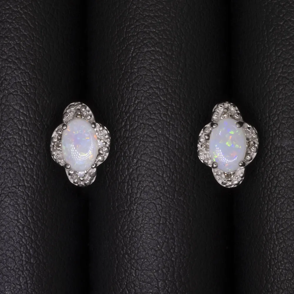 VINTAGE OPAL DIAMOND STUD EARRINGS 14k WHITE GOLD SCALLOPED HALO NATURAL OVAL
